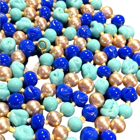 Antique Handmade CZECH Glass blue fancy bead & pearl necklace 48” LoNG - Picture 6 of 12